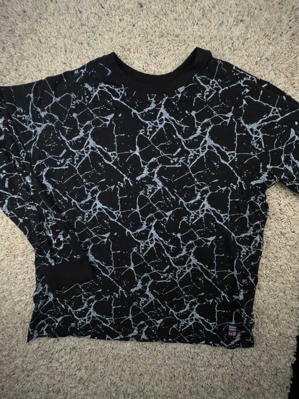 PHAT FARM Large Men’s Long Sleeve T Shirt Black Gray Cotton Splatter Print